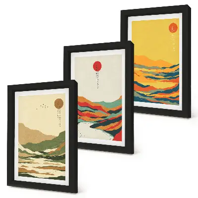Billedvæg med farverige mønstre af bjerge og floder i Japandi-stil
