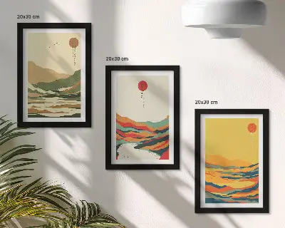 Billedvæg med farverige mønstre af bjerge og floder i Japandi-stil
