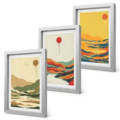 Billedvæg med farverige mønstre af bjerge og floder i Japandi-stil