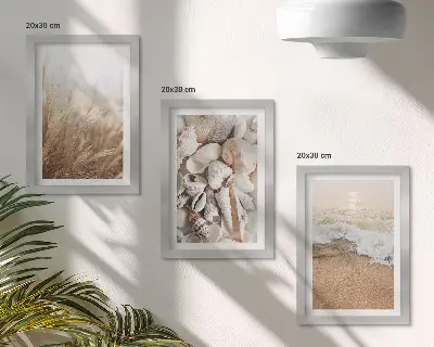 Moderne billedsæt med strandmotiver af skaller og havbølger