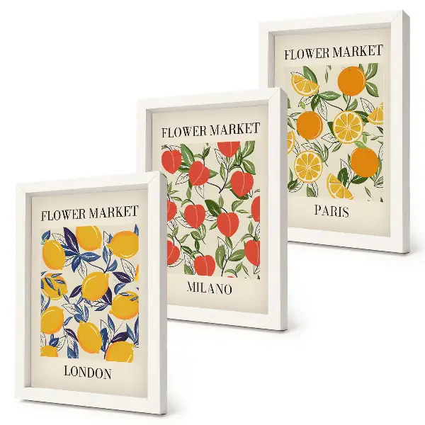 Blomsterplakater i London, Milano og Paris pakke med billeder og rammer