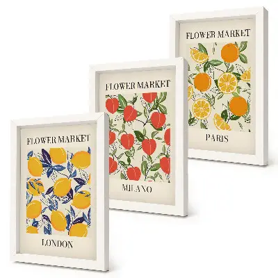Blomsterplakater i London, Milano og Paris pakke med billeder og rammer
