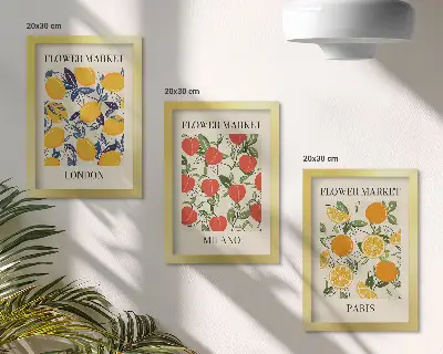 Blomsterplakater i London, Milano og Paris pakke med billeder og rammer