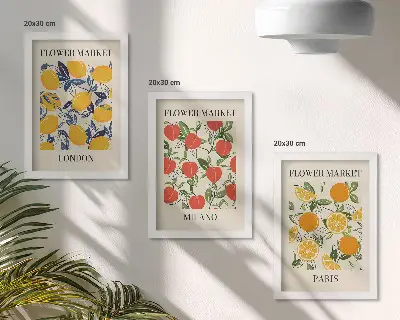 Blomsterplakater i London, Milano og Paris pakke med billeder og rammer