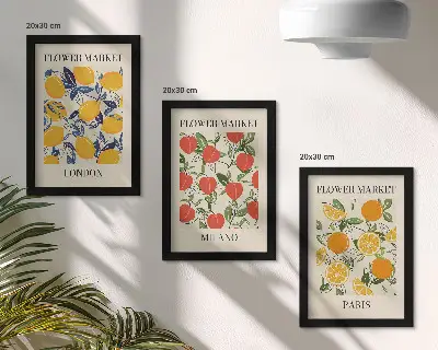 Blomsterplakater i London, Milano og Paris pakke med billeder og rammer
