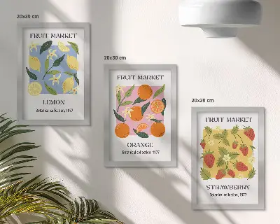 Moderne billedsæt med frugtmotiver af citroner, appelsiner og jordbær