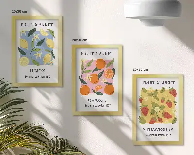 Moderne billedsæt med frugtmotiver af citroner, appelsiner og jordbær