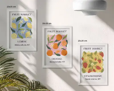 Moderne billedsæt med frugtmotiver af citroner, appelsiner og jordbær