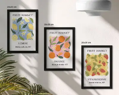 Moderne billedsæt med frugtmotiver af citroner, appelsiner og jordbær