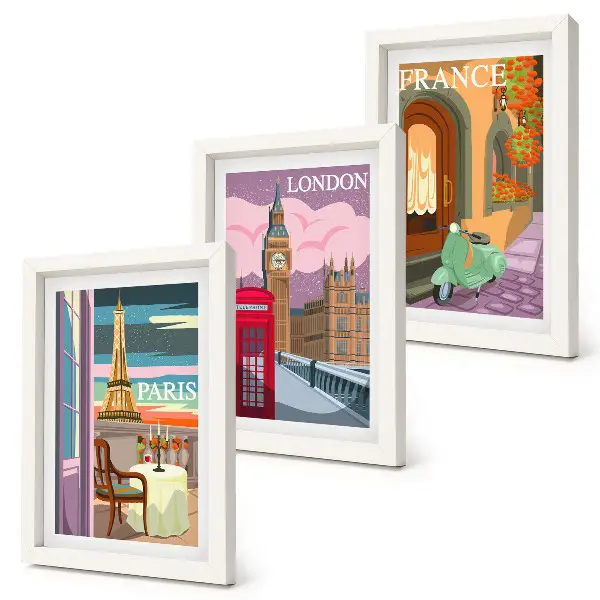 Billeder med rammer retro bymotiver fra Paris, London og Frankrig