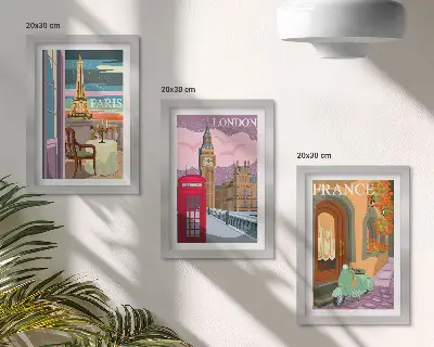 Billeder med rammer retro bymotiver fra Paris, London og Frankrig