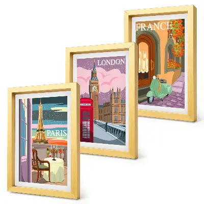 Billeder med rammer retro bymotiver fra Paris, London og Frankrig