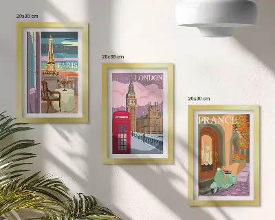 Billeder med rammer retro bymotiver fra Paris, London og Frankrig