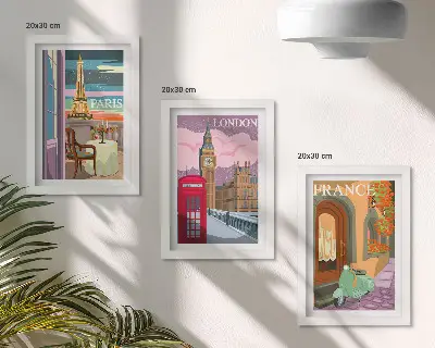 Billeder med rammer retro bymotiver fra Paris, London og Frankrig
