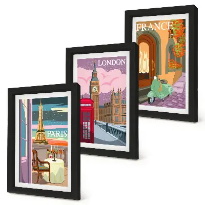 Billeder med rammer retro bymotiver fra Paris, London og Frankrig