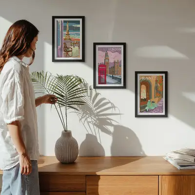 Billeder med rammer retro bymotiver fra Paris, London og Frankrig