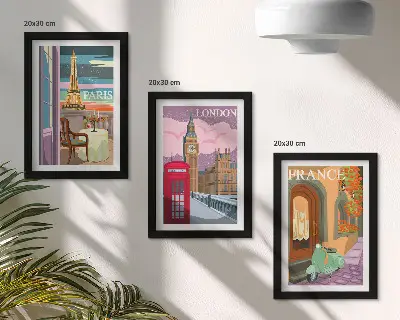 Billeder med rammer retro bymotiver fra Paris, London og Frankrig