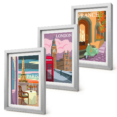 Pakke med billeder og rammer Retro bybilleder af Paris, London og Frankrig