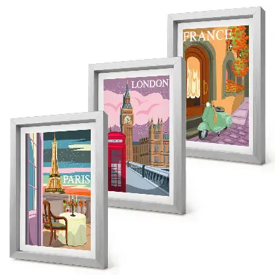 Billeder med rammer retro bymotiver fra Paris, London og Frankrig