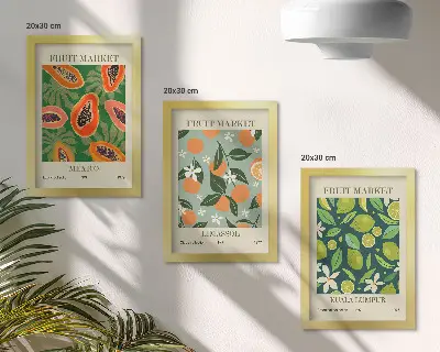 Billedvæg med vintage plakater af frugtmønstre