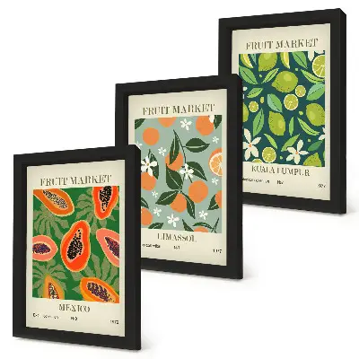 Billedvæg med vintage plakater af frugtmønstre