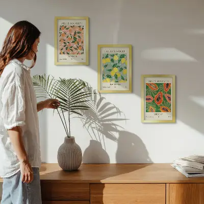 Billedvæg med retroinspirerede citrus- og tropiske frugter