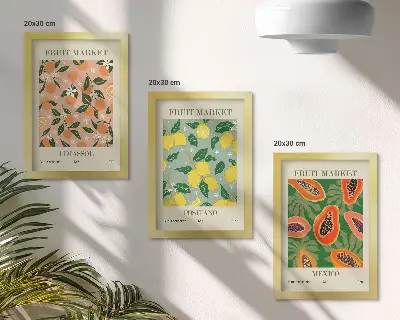 Billedvæg med retroinspirerede citrus- og tropiske frugter