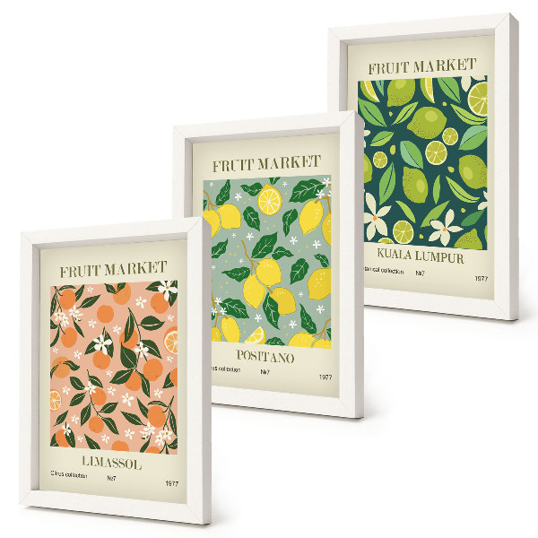 Moderne billedsæt Frugtmønstre med citrusfrugter og vintageblomster