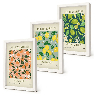 Moderne billedsæt Frugtmønstre med citrusfrugter og vintageblomster