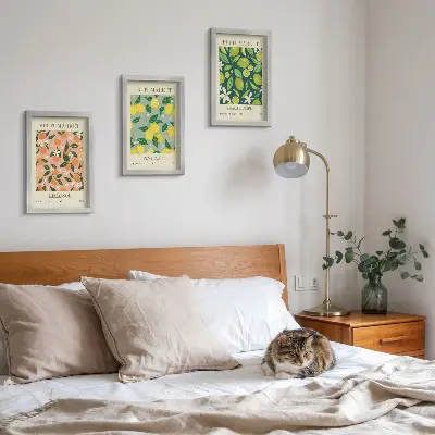 Moderne billedsæt med frugtmønstre af citrusfrugter og vintageblomster
