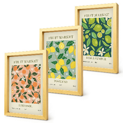Moderne billedsæt Frugtmønstre med citrusfrugter og vintageblomster