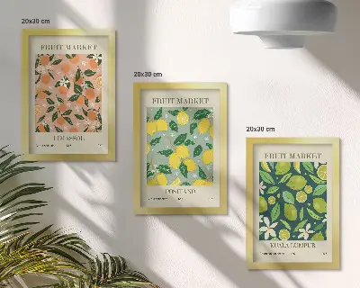 Moderne billedsæt med frugtmønstre af citrusfrugter og vintageblomster