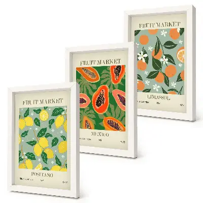 Pakke med billeder og rammer frugtplakater med citroner, papayaer, mandariner og blomster