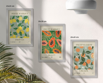 Pakke med billeder og rammer Frugtplakater citroner papaya mandariner blomster