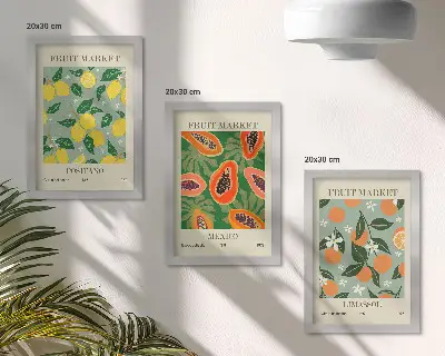 Pakke med billeder og rammer frugtplakater med citroner, papayaer, mandariner og blomster