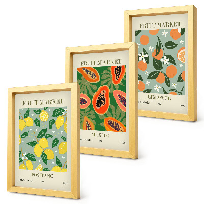 Pakke med billeder og rammer Frugtplakater citroner papaya mandariner blomster