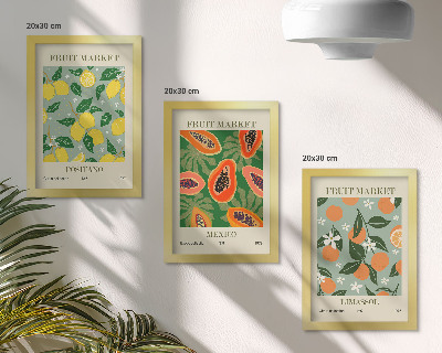 Pakke med billeder og rammer Frugtplakater citroner papaya mandariner blomster