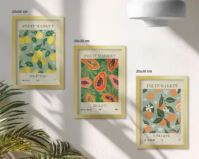 Pakke med billeder og rammer frugtplakater med citroner, papayaer, mandariner og blomster