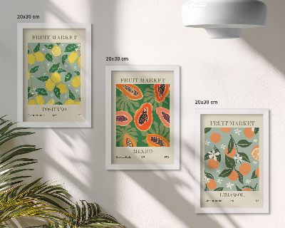 Pakke med billeder og rammer Frugtplakater citroner papaya mandariner blomster