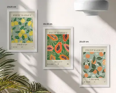 Pakke med billeder og rammer frugtplakater med citroner, papayaer, mandariner og blomster