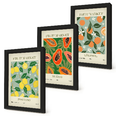 Pakke med billeder og rammer Frugtplakater citroner papaya mandariner blomster
