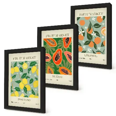 Pakke med billeder og rammer frugtplakater med citroner, papayaer, mandariner og blomster