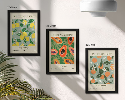 Pakke med billeder og rammer Frugtplakater citroner papaya mandariner blomster