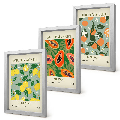 Pakke med billeder og rammer Frugtplakater citroner papaya mandariner blomster