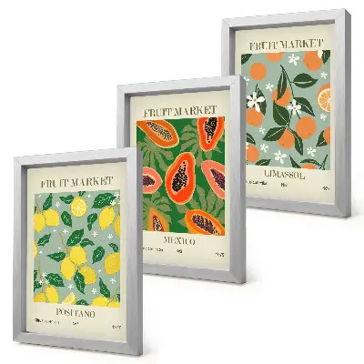 Pakke med billeder og rammer frugtplakater med citroner, papayaer, mandariner og blomster