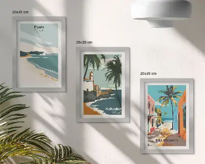Billedvæg med motiv af tropiske landskaber med strande og palmer