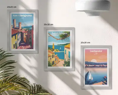 Moderne billedsæt med italienske byer og retro kystlandskaber