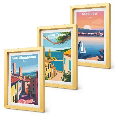 Moderne billedsæt med italienske byer og retro kystlandskaber