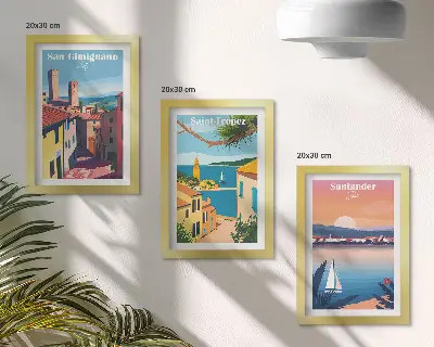 Moderne billedsæt med italienske byer og retro kystlandskaber