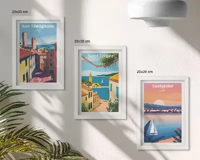 Moderne billedsæt med italienske byer og retro kystlandskaber